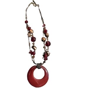 RED beaded necklace by Lia Sophia, round pendant, signed